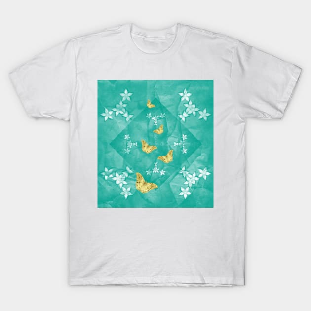 Gold butterflies and silver flowers on a textured teal mandala T-Shirt by hereswendy